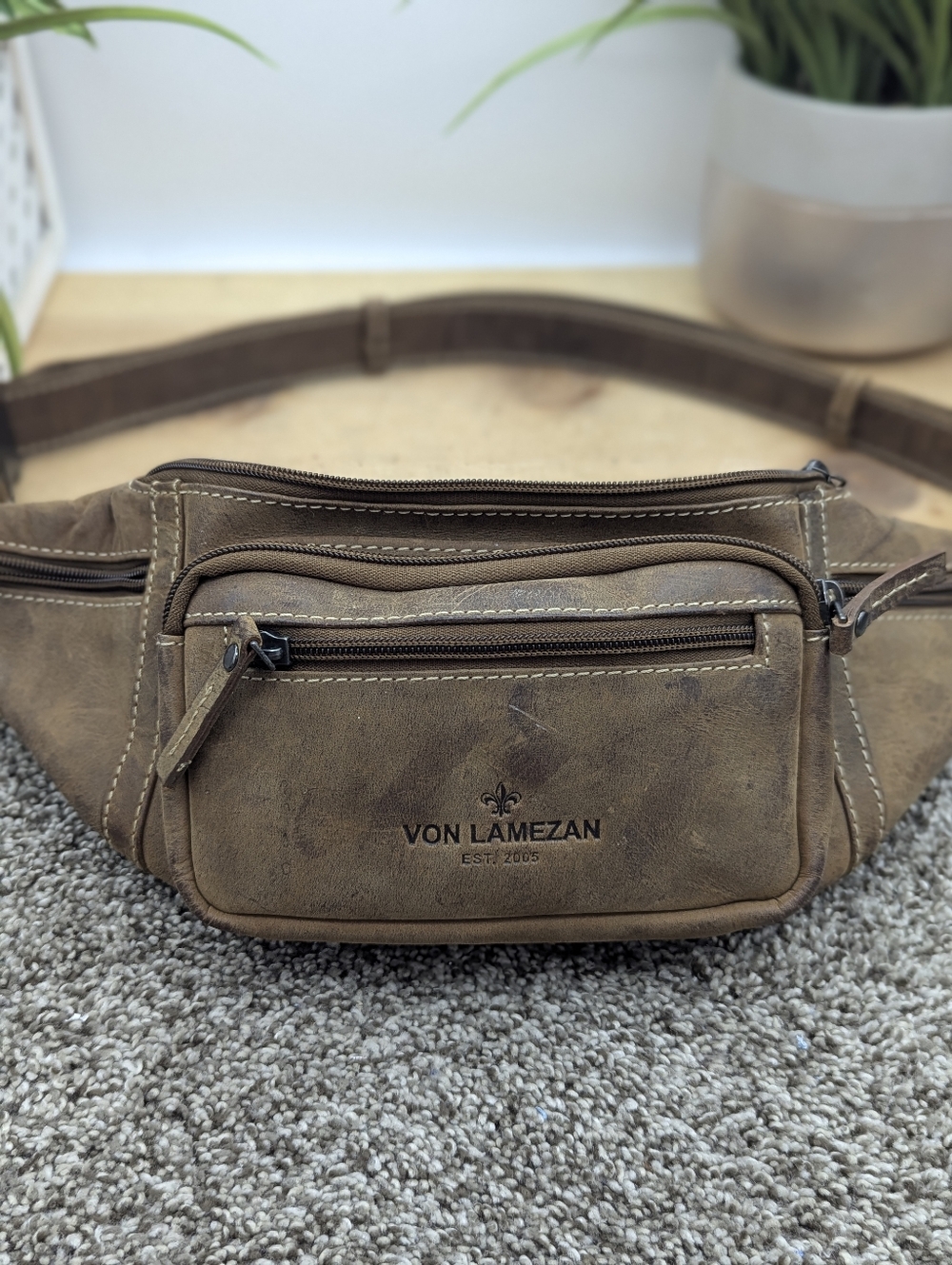 Von Lamezan Waist Pack Adjustable Brown Leather Multipocket Travel Walking Bag